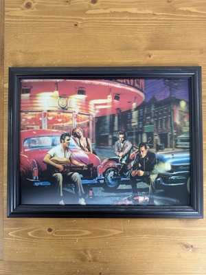Vintage 3D-Lentikularbild Rockabilly Diner Elvis Marilyn   34x44 cm gerahmt