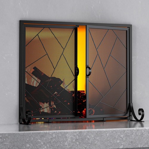 New Fireplace Screen with Hinged Doors Cast Iron Border Sturdy Steel Frame...