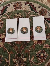 Lot Of 3 Frontgate Christmas Wreath Linen Napkins 17.5" × 12" Embroidered