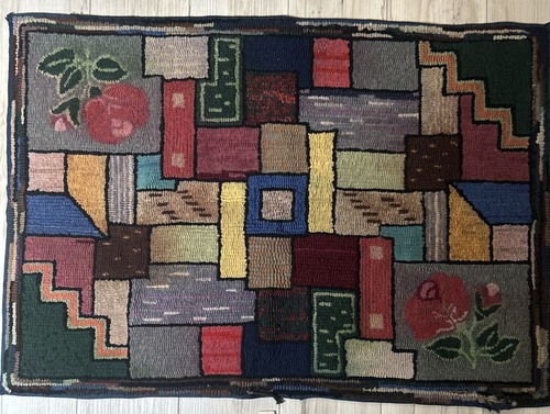 Primitive Abstract & Floral Hooked Rug 28 X 40"