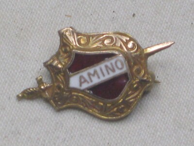 vintage antique AMINO miniature  pin ornate sword crest shield logo mini brooch