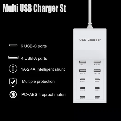 Multi 10 Port USB C Charger Station Wall Type C Fast Charging Adapter USB Hub - Picture 7 of 12
