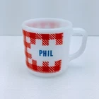 Vintage WESTFIELD Red White Plaid Gingham Coffee Mug, PHIL, MCM, Milk Glass NICE