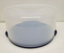 Tupperware Round Cake Taker Blue Top Locking and Built in Handle