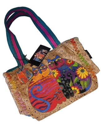 Lovely Vintage 1990's Laurel Burch Colorful Cats Design Tote Handbag Purse NWT