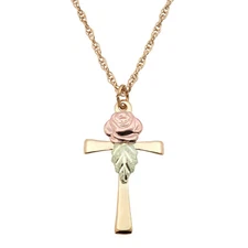 Mt. Rushmore Black Hills Gold Rose & Green Leaf Cross Pendant 10K Yellow Gold