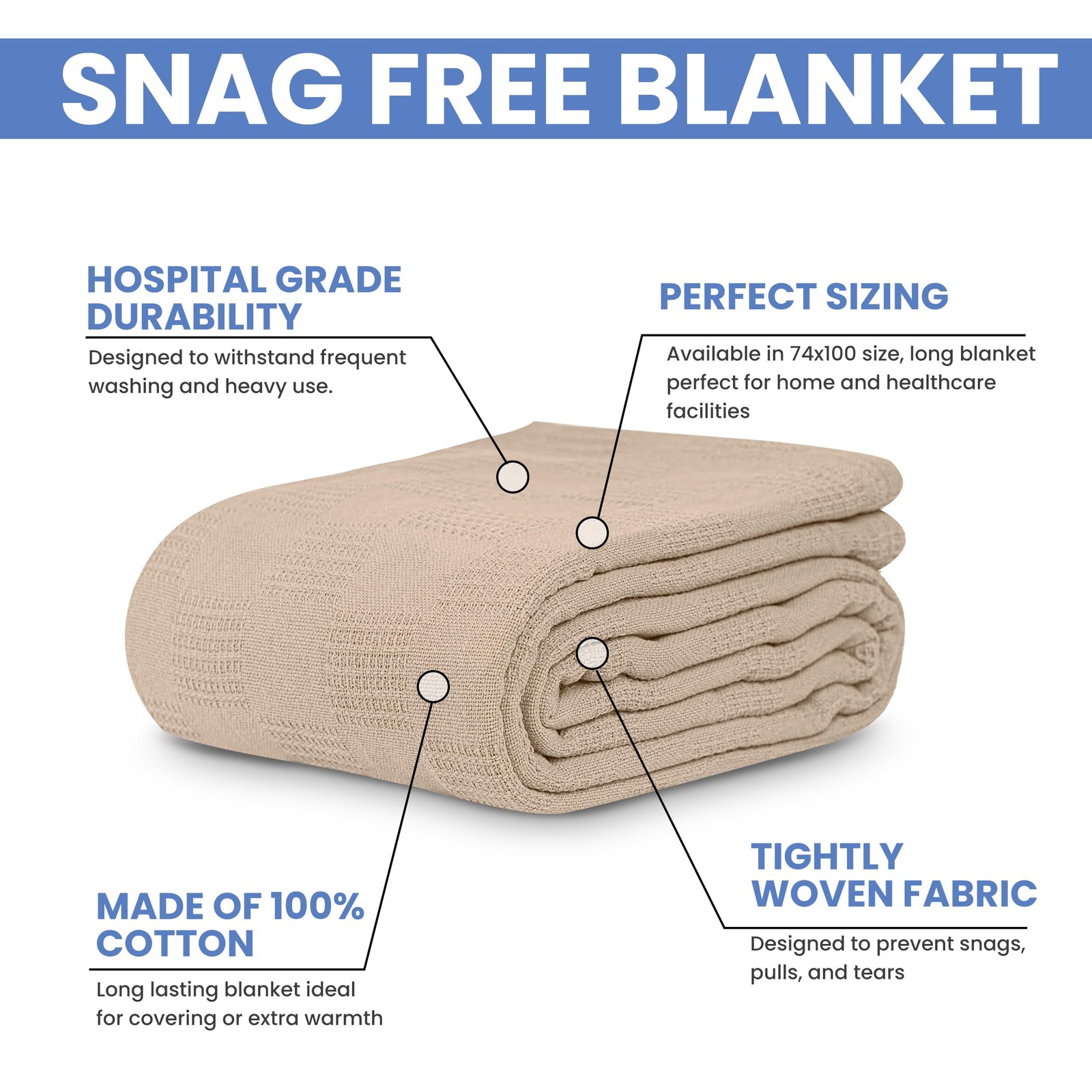 Linteum Textile Hospital Thermal SNAGLESS Spread Blanket, 100% Cotton (74x100