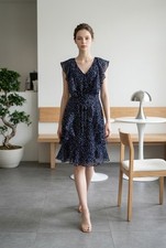 Tommy Hilfiger Blue Ruffle Floral Chiffon Midi Dress Women's Size 8