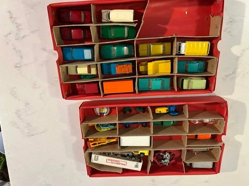 VTG Matchbox Lesney collection w/ button, a case & Budgie & Tootsie Toy + others