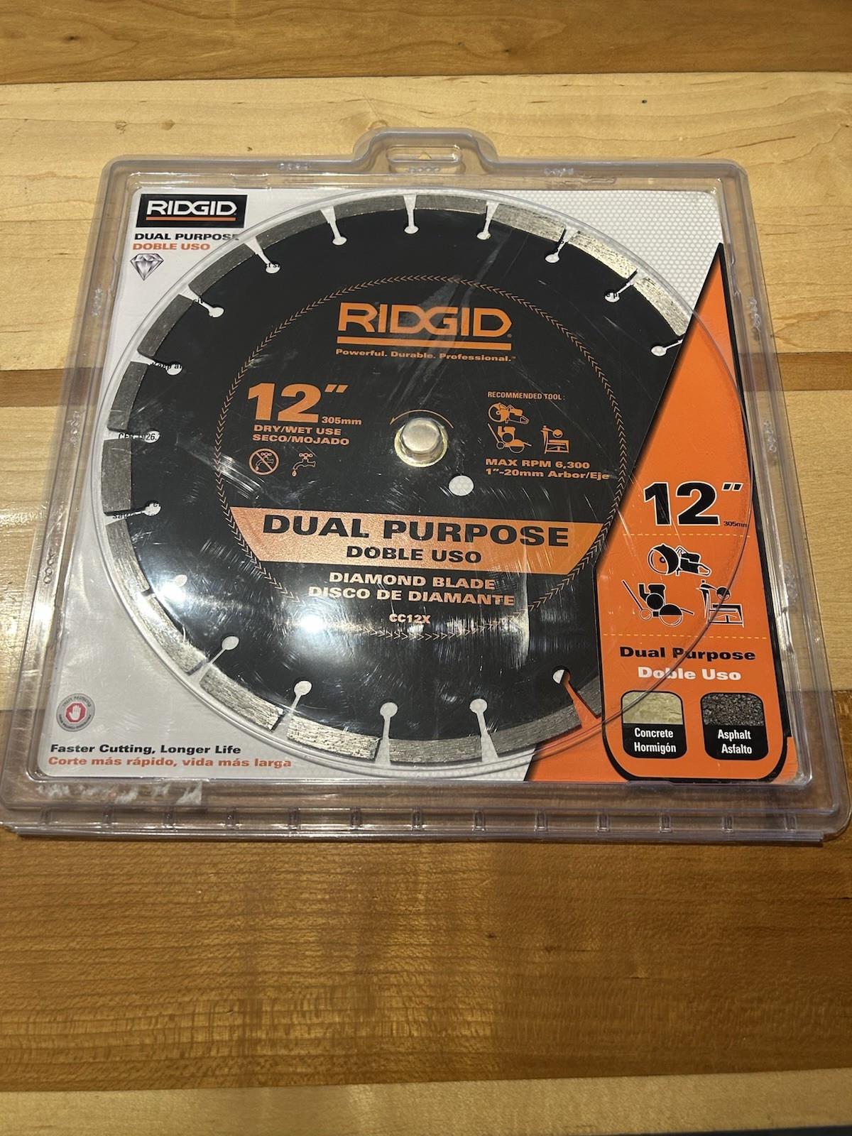 Ridgid 12" Dry/Wet Dual Purpose Diamond Blade 1"-20mm CC12X Concrete or Asphalt