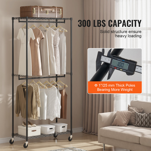 Clothes Rack Heavy Duty Clothing Garment Rack Double Hanging Rods 300 lbs - Picture 3 of 12