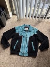 Vintage Pioneer Wear Genuine Leather Suede Black/Teal Jacket Size Medium Western
