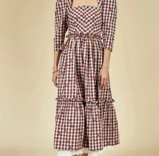 Hunter Bell Women’s Size 2 Gillian Midi Dress in Rouge Red Blue Plaid Retired