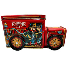Vintage Fire Engine Tin Bank Truck Rolling Wheels Metal Toy 7  