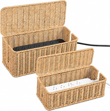 Cable Management Box Set of 2 Sizes, Handmade Rattan Cable Organizer with 2 Open