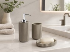 Set Of 3 Ceramic Bathroom Accessories Ribbed Dispenser Dish Toothbrush Tumbler