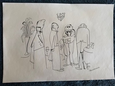 LUDWIG BEMELMANS drawing and painting on old paper signed stamped vintage