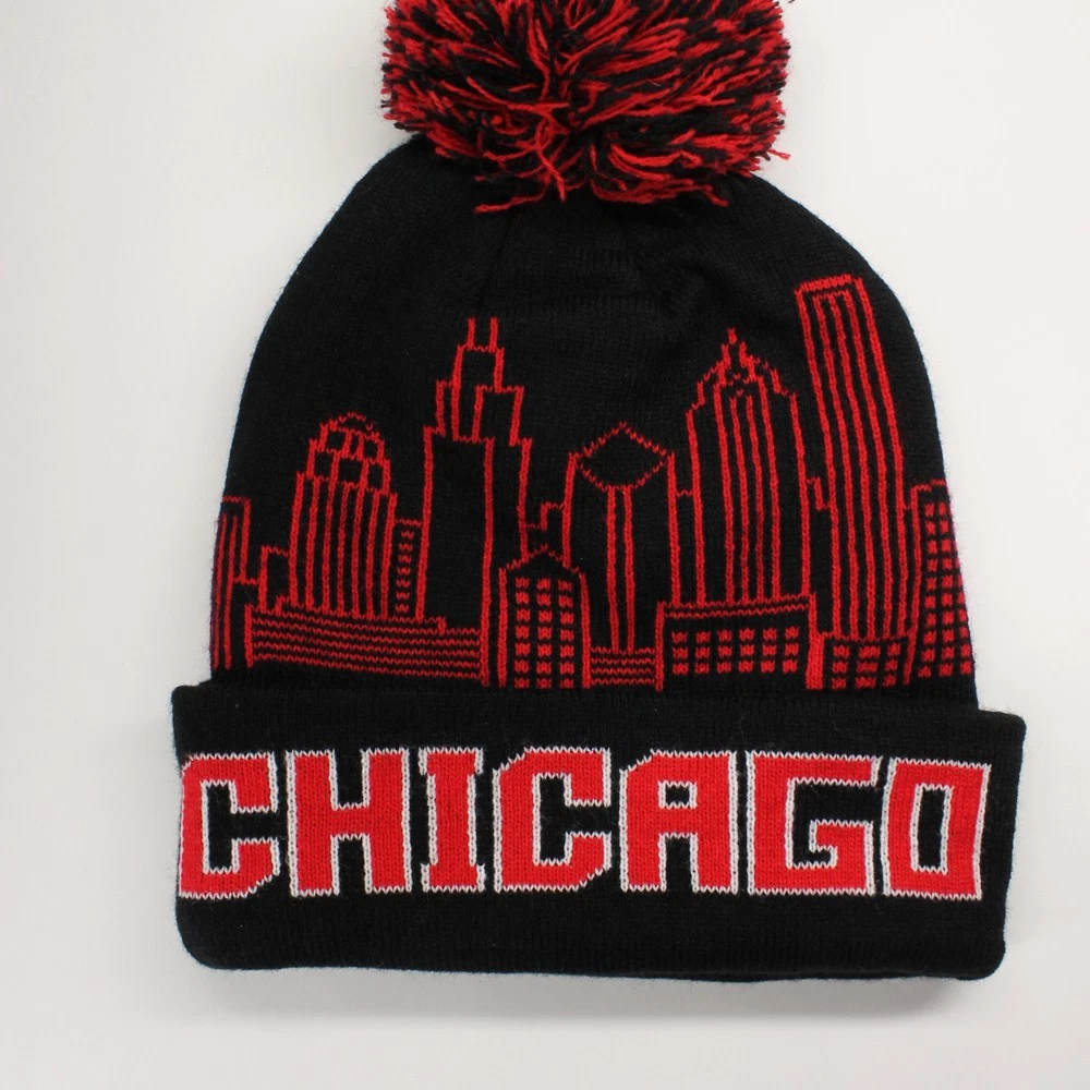 Chicago black red winter pom-pom cap city skyline outline block letters