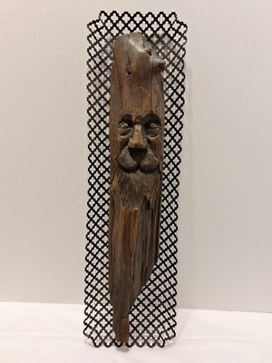Vintage Old Man Face Carving on Driftwood Resin Signed R Engler 19 1/2  Read Des
