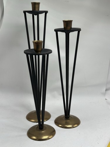 Vintage MCM 3 GATCO Solid Brass & Black Candleholders Atomic Design