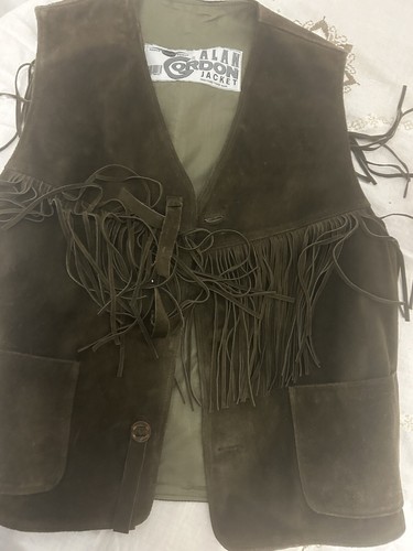 Gilet Pelle Nappa Frange Donna Verde Scuro Alan Gordon Vintage - Foto 5 di 11