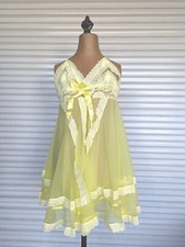 VTG BabyDoll Lingerie Yellow Lace Sheer Nightie Bow Layers Tiers Ribbon Mod Gogo