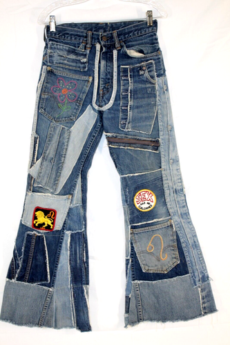 Vintage Denim Patchwork Handmade Hippy Woodstock Bell Bottom Jeans Sz-28x30 RARE