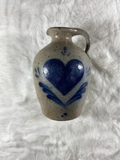 Rowe Pottery Pitcher Handmade Small Glaze Stoneware Jug 6 Inch Blue Heart Design