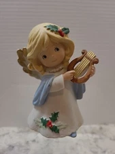 Vintage HOMCO 5612 Harp Angel Christmas Blonde Hair Porcelain Figurine Holly