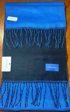 New with tags, Calvin Klein Double Patch scarf in blue and black. 100% acrylic. 