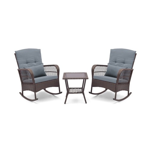 3PCS Rocking Chair Patio Outdoor Garden Bistro Set Rattan w/2-Tier Coffee Table - Picture 5 of 10