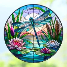 Dragonfly Water Lily Faux Stained-Glass WINDOW CLING Sun-catcher Size 8" Round