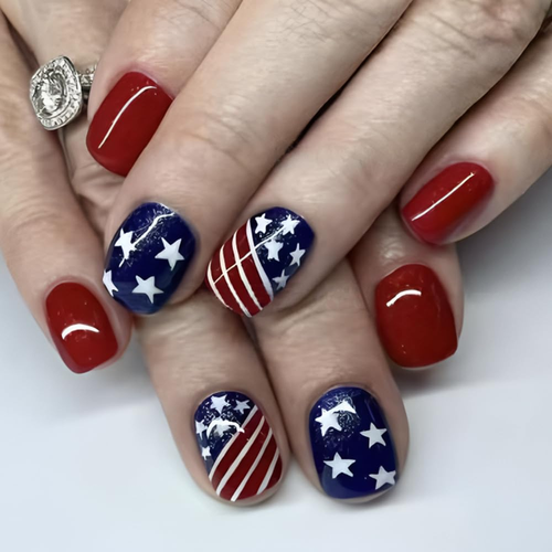 4Th of July Press on Nails Short Square Independence Day Fake Nails White Star R