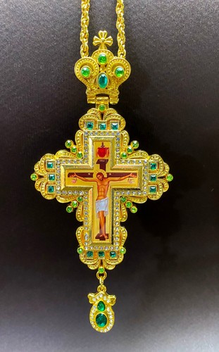 Greek Russian Orthodox Priest Pectoral Cross Pendant Gold Plated Green Stones - Picture 10 of 21