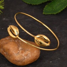 Double Cowrie Shell Cuff Bangle 18k Gold Plated 925 Silver Women Unique Bangles