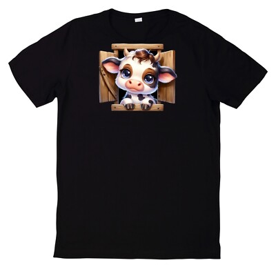 Cute Cow Looking Out Of A Wooden Window Motif Cotton T-Shirt