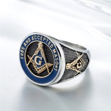 Anillo Masónico Dorado Azul para Hombres Acero Inoxidable Banda Vintage Motociclista Regalo Joyería