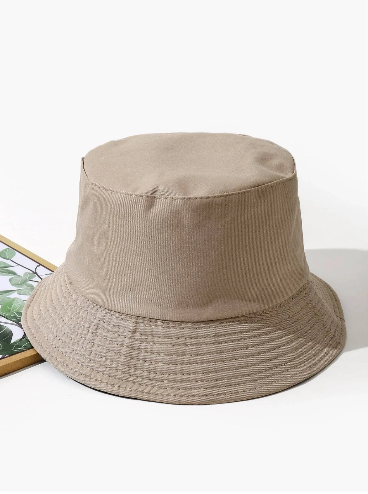 Khaki Solid Reversible Bucket Hat Casual One Size
