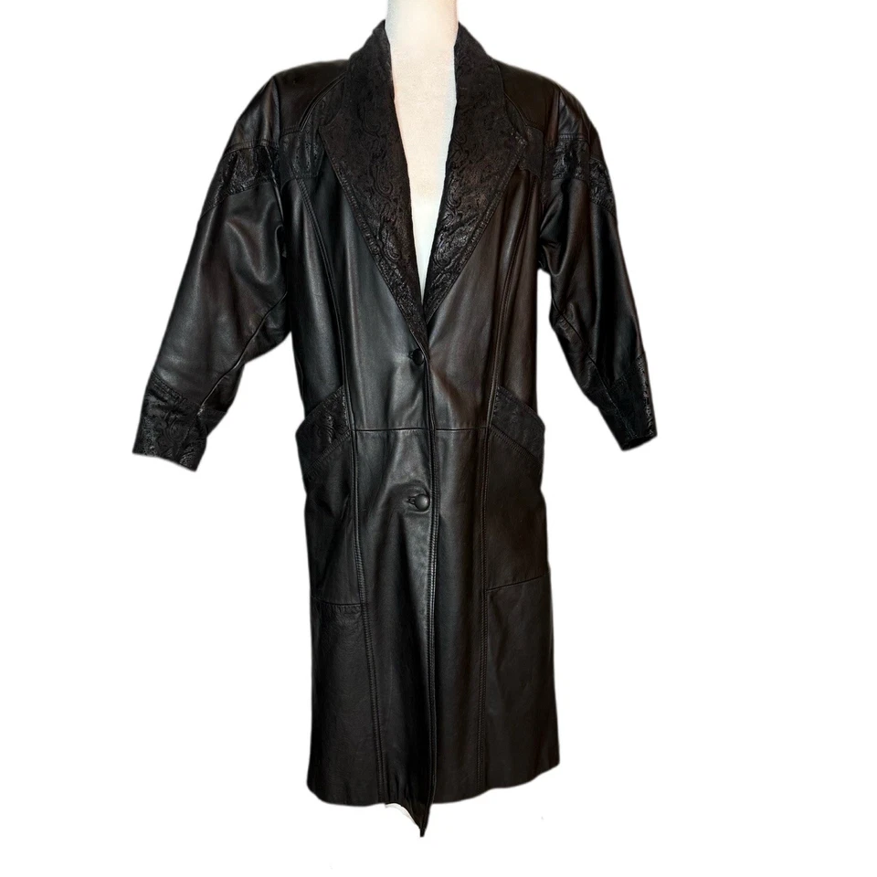 Vintage Winlit Leather Trench Coat S Black Paisley Embossed 80s Western Korea - Image 3 of 4