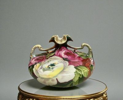 Nippon Antique Squat Footed Handled Vase Peonies & Poppies ~ Gold Gilding