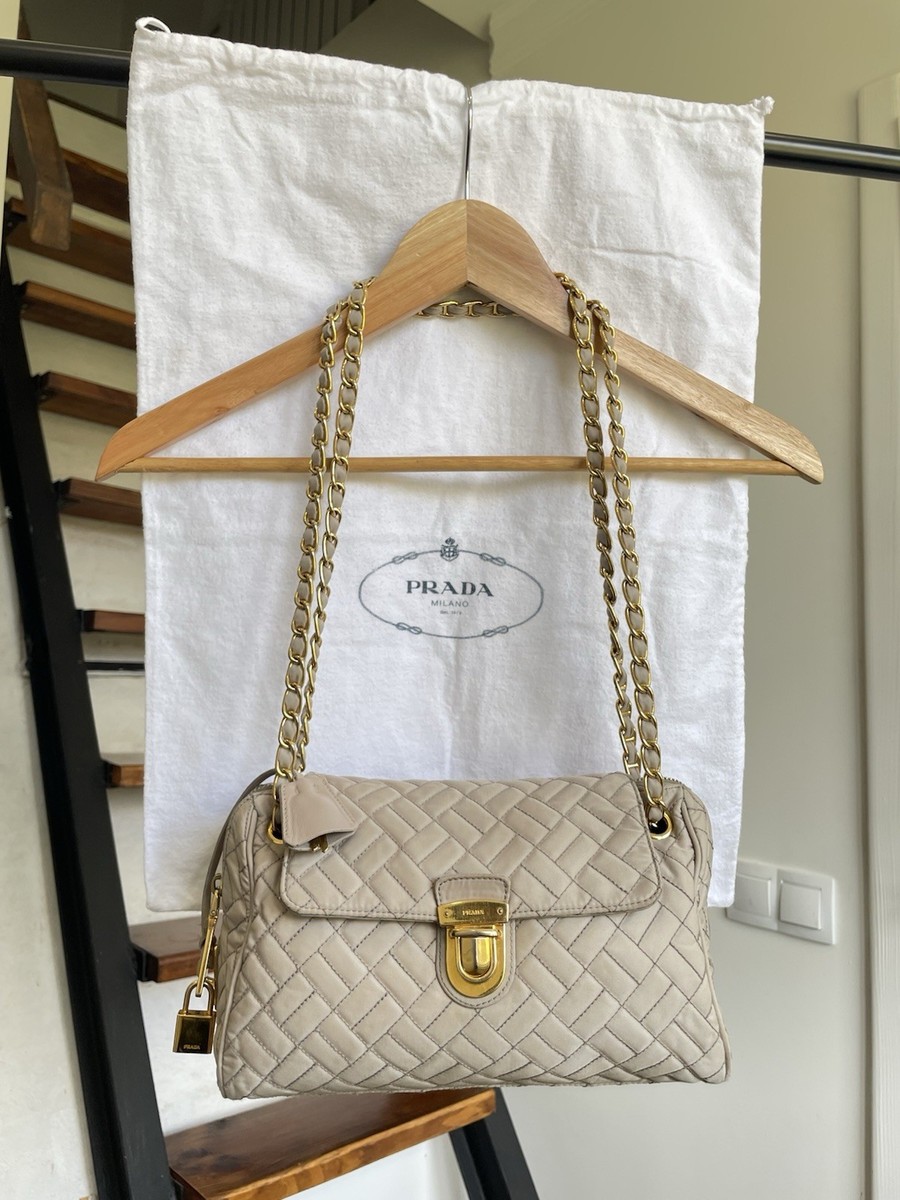 Prada Bruyere Quilted Tessuto Nylon Chain Flap Shoulder Bag Beige