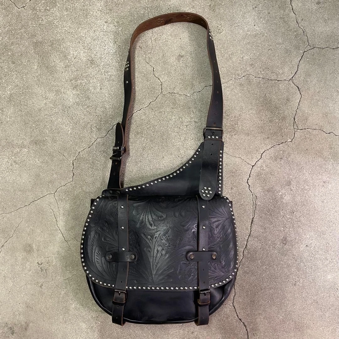バッグ RRL Leather Carving Saddle Bag Black RRL Ralph Lauren Leather Carving Saddle Bag Black 31x37x7cm Japan