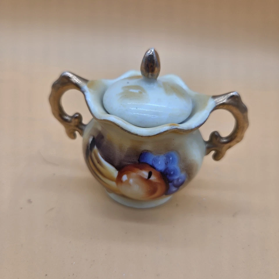 De Colección Enesco Pintado a Mano Fruta Oro Borde Azucarero Tapa Porcelana Firmado  Foto 2 de 4