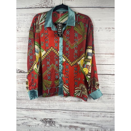 TOV Los Angeles Shirt Women's 42 US L Red Scarf Print Button Up Blouse Polyester