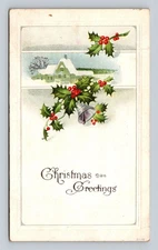 Vintage Christmas Greetings Postcard with Holly & Bell Lithograph 3.5x5.5