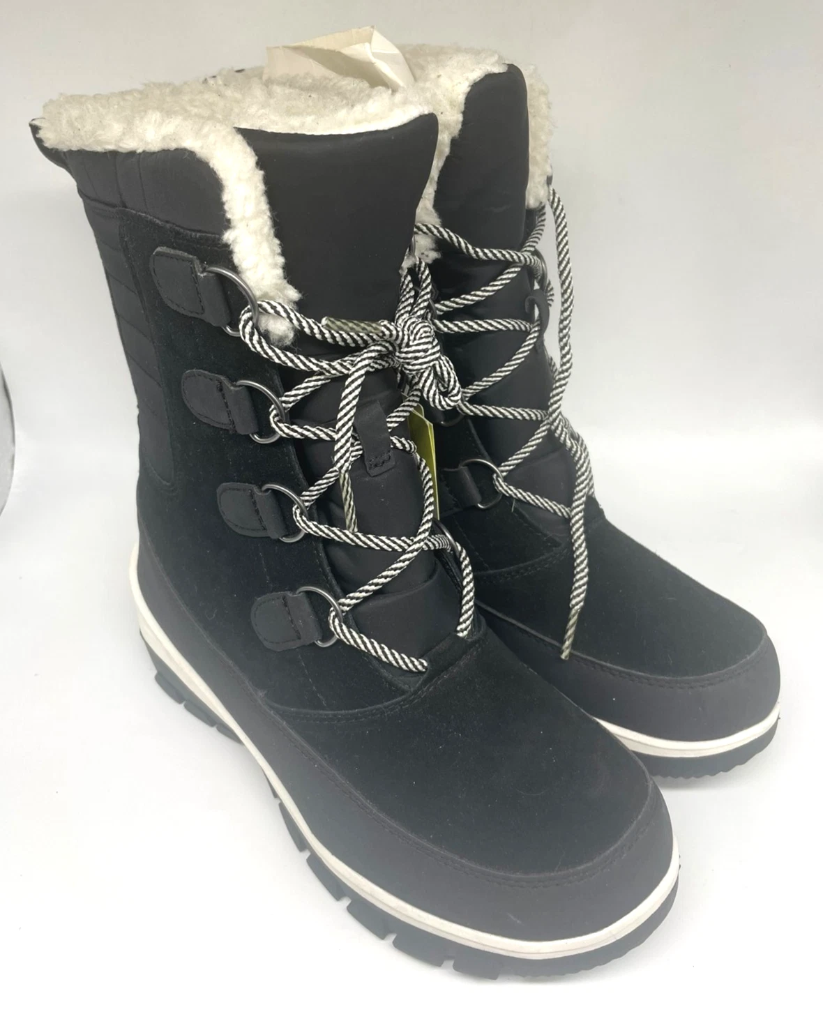 All In Motion Womens Snow Boots Black Faux Fur Lined Lace Up Winter Size 7