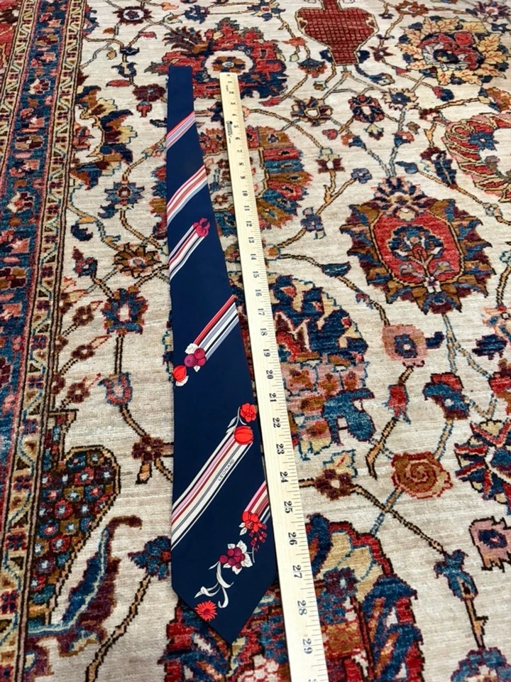Corbata de seda Leonard Paris azul marino a rayas estampado floral Italia diseñador de lujo vintage Foto 2 de 4