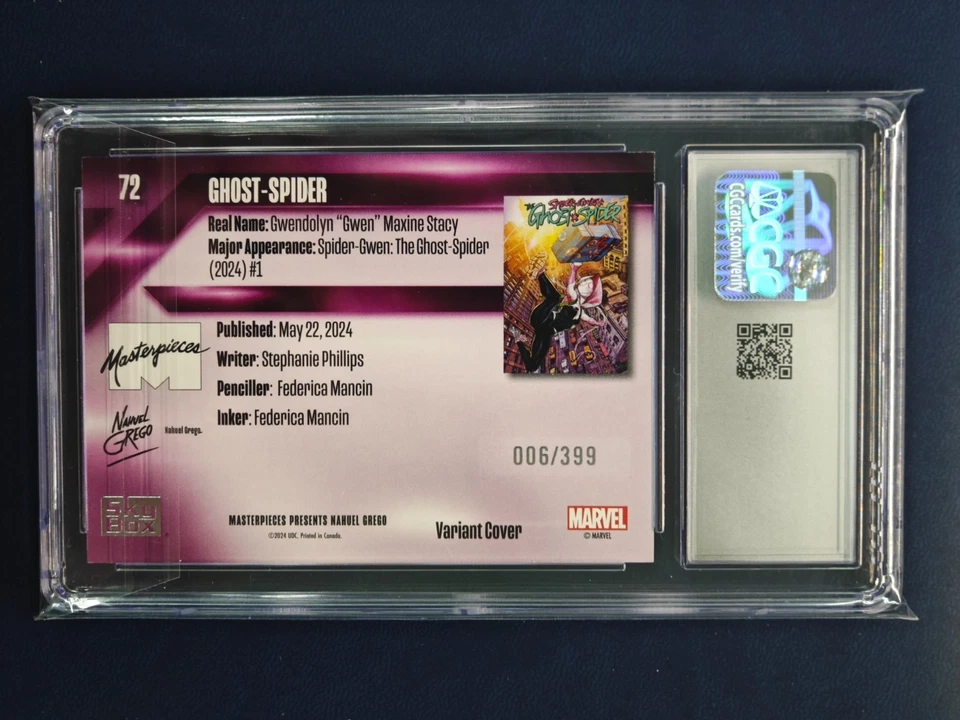2024 Masterpieces Nahuel Grego #72 Ghost Spider Variant Cover 006/399 CGC9.5 - Image 2 of 2