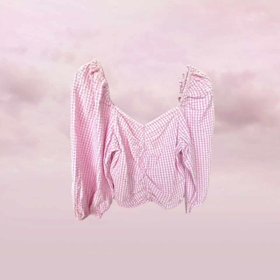 Monki Pink Gingham ruched cropped puff sleeve top - Size 38 / 8 Au / 10 US — 第 3/4 张图片