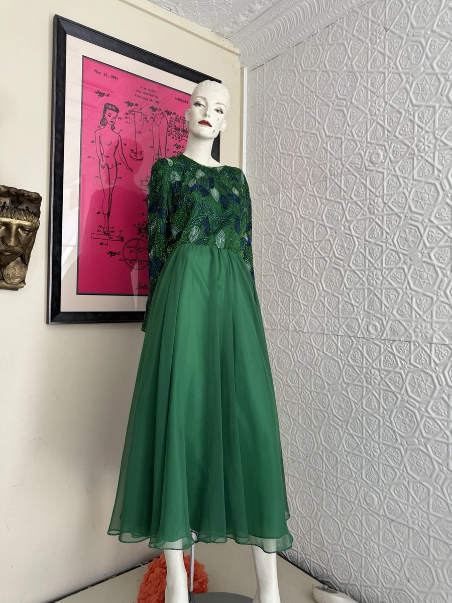 emerald green art deco dress 1920's Emerald Green Iridescent Beaded Sequin Art-Deco Sheer Net Flapper Dress at 1stDibs